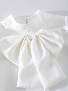 SHEIN 2件套少女雪纺长袖可拆卸大蝴蝶结高领上衣和黑色裙子，优雅时尚的春、夏、秋季服装，适合日常穿着、生日、派对等场合。 - 黑與白 - 查看 4