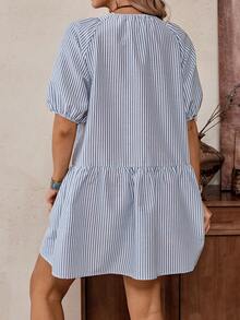 SHEIN LilyWest Robe décontractée ample et amincissante à col V, manches bouffantes, rayures de bambou bleu grisâtre rétro. Convient pour le printemps/été - Gris - Voir 2