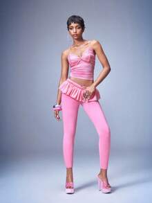 Y2Kool BiGraphic Y2K Girly Pink Mesh Ruffle Low Waist Skinny Leggings, Suitable For Spring/Summer Parties, Holidays, Valentine's Day, Casual Dopamine Outfits - Pink - View 9