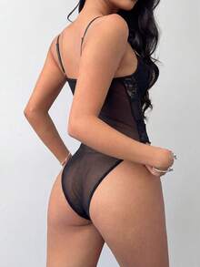 Aloruh 女士撞色蕾丝网纱性感时尚连体衣 - 黑色 - 查看 2