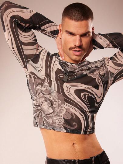 FeverCity Men's Floral Print Sheer Cropped Long Sleeve T-Shirt, Fashionable For Spring, Summer And Autumn