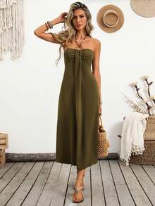 Breezaya Đầm nghỉ mát gợi cảm kiểu vải lanh dành cho nữ, trang trí khóa cài hình nhẫn, thích hợp mặc đi biển, màu xanh dương, đính hạt cườm. - xanh quân đội - Xem 7