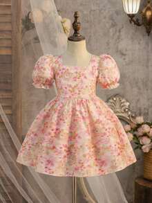SHEIN Young Girl Cute & Elegant Floral Print Princess Dress,Open Back Puffy Short Sleeve Bow Dress For Kids Girl,Cerise Pink,Summer,Fairy,First Birthday - Multicolor - View 10