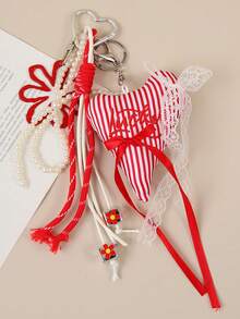 Joivida 1Pc Lace Bow Pearl Chain Bag Charm – Sweet Embroidered Letter Heart Keychain For Women - Multicolor - View 13