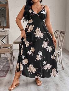 EMERY ROSE Women's Floral Criss-Cross Backless V-Neck Cinched Waist Slip Dress, Suitable For Beach, Date, Party, Spring/Summer Women Vacation Dress Backless Sundress Black Floral Dress Summer Maxi Dress Women Backless Summer Dress - Multicolor - View 3