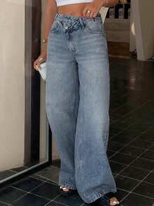 DAZY Jeans de pierna recta con diseño de cintura baja para mujer - Azul - Ver 6