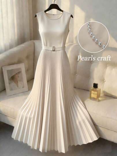 Franclia Women's Solid Color Pearl Decor Simple Sleeveless Dress, Everyday Wear Pleated Dress Pearl Dress Elegant Dress Classy Dress Belted Dress