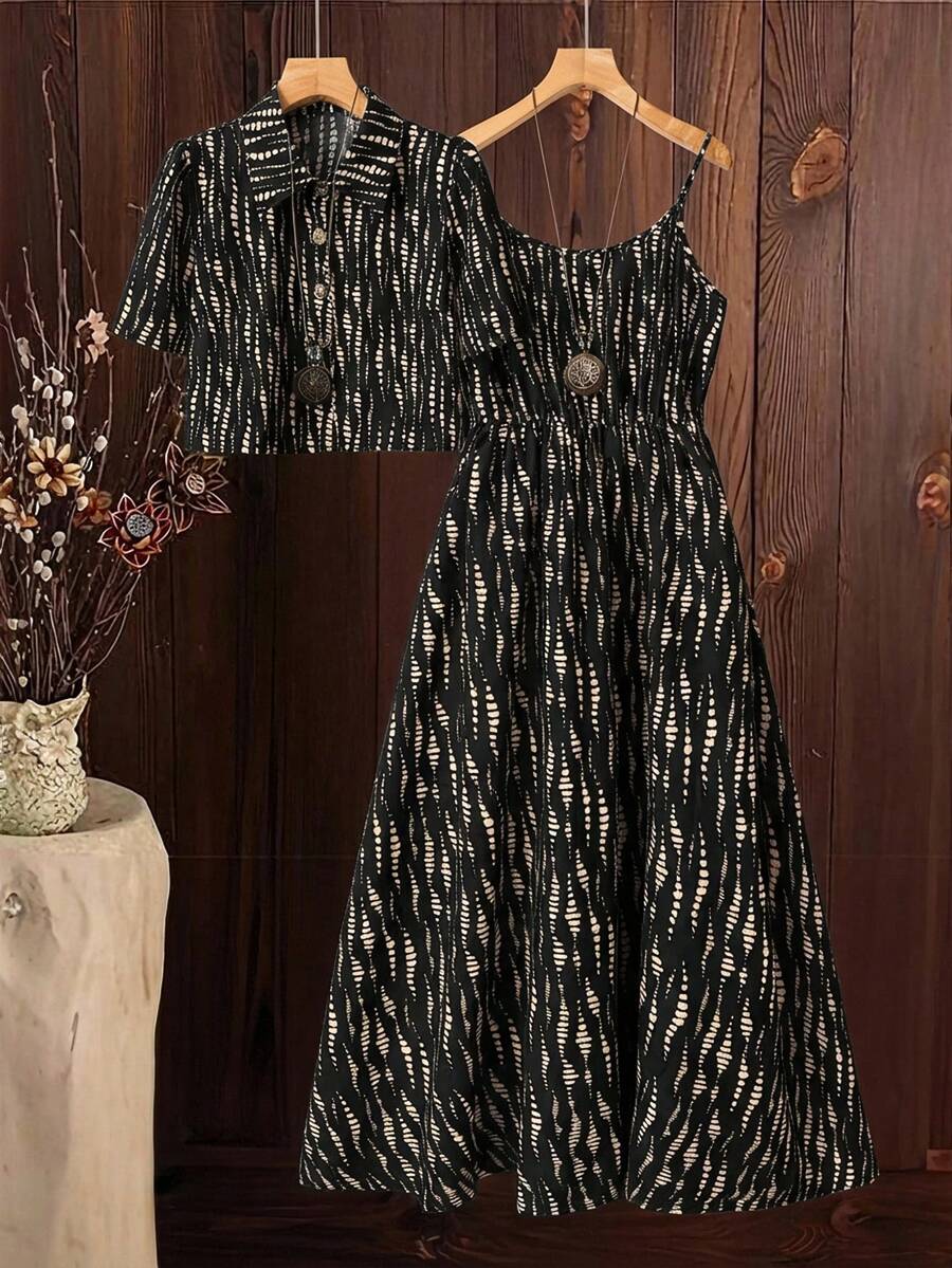 SHEIN Clasi 优雅领衬衫搭配修身印花收腰A字连衣裙，夏季两件套，吊带全印花荷叶边下摆长款度假沙滩装女装 - 彩色 - 查看 1