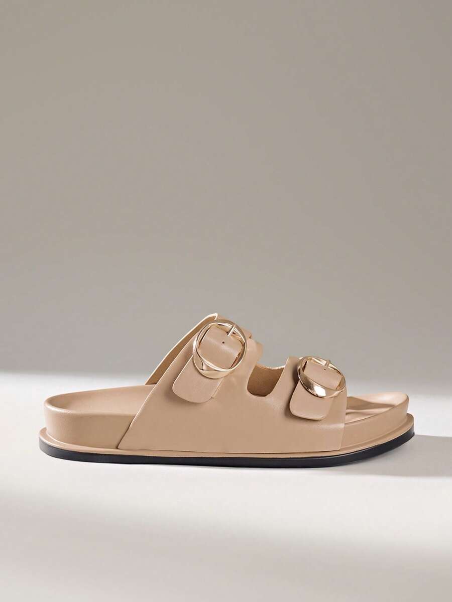 Solecia Women's Buckle Design Daily Versatile Fashion Slippers Flat Sandals - Apricot - View 1