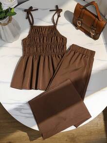 Sparklyn Girls Striped Bow Camisole Top And Straight Leg Pants Summer Vacation Outfit - Brown - View 1