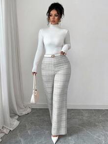 Elenzga Quần nữ thường ngày co giãn kẻ caro, quần ống đứng cạp cao ôm vừa vặn, hàng mới về mùa thu - Đen và trắng - Xem 4