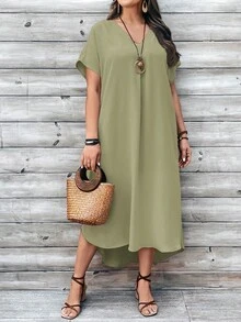EMERY ROSE 大码女式夏季纯色V领前短后长连衣裙