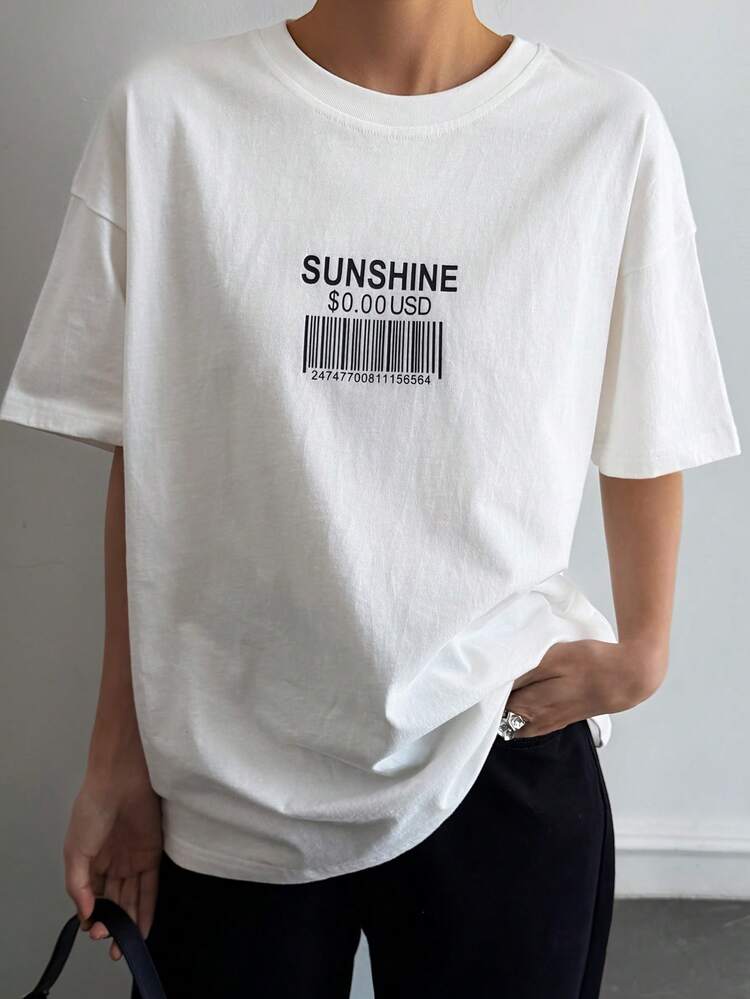 Women's Round Neck Letter & Number Print Casual Versatile Daily Wear Short Sleeve T-Shirt