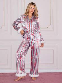 SHEIN Conjunto de pijama de mujer con lazo y rayas - Gris - Ver 3
