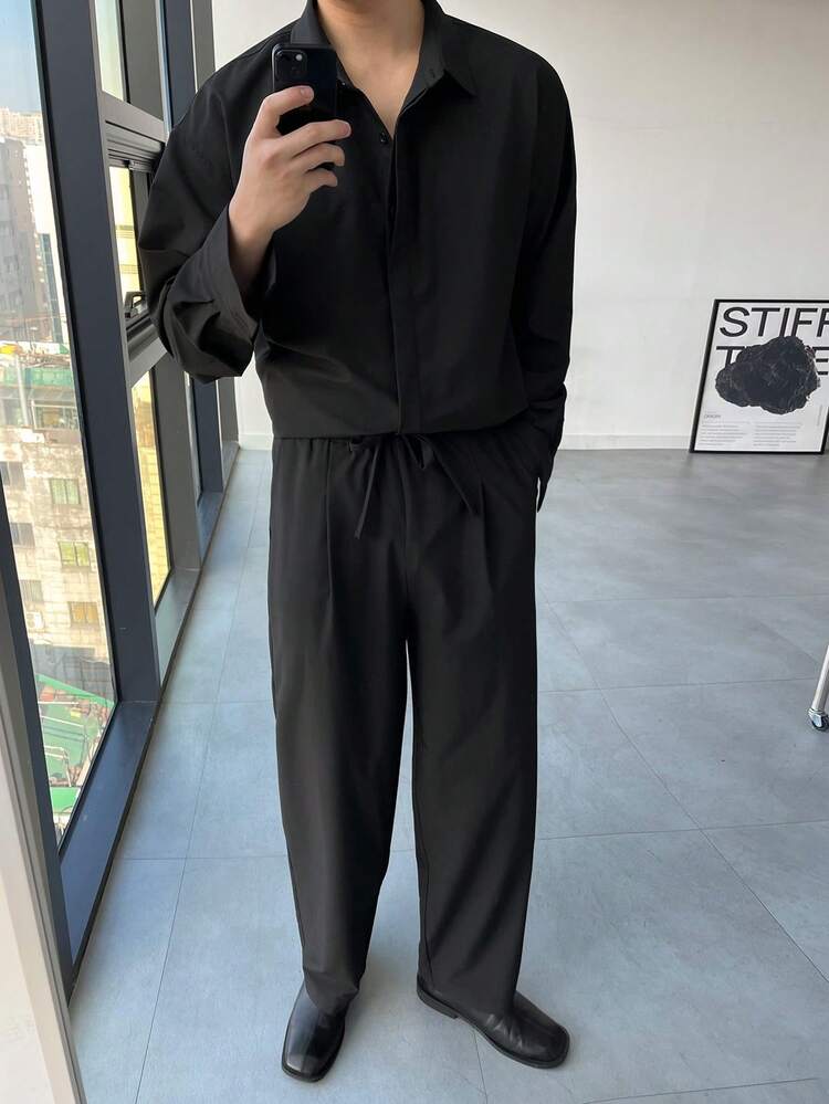 Spring Black Single-Breasted Long Sleeve Shirt And Pants Suit For Men, Business Casual