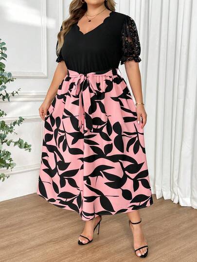 SHEIN CURVE+ Vestido casual de mujer talla grande con estampado de plantas y ribete de encaje en contraste