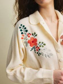 Écloséra Early Spring New Vintage Elegant Loose Beige Collar Long Sleeve Embroidered Floral Pattern Sweater Paired With Ribbed Bodycon Maxi Skirt Women 2-Piece Knit Set - Beige - View 6