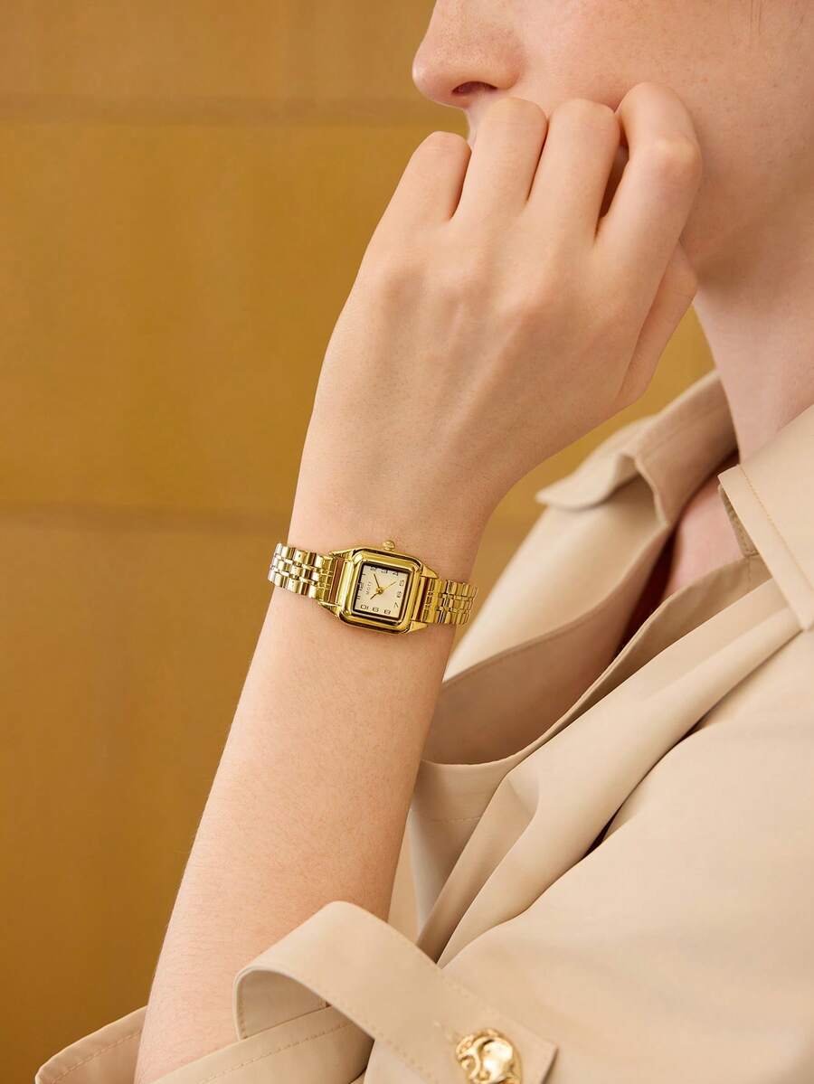 MOTF PREMIUM 1PC WOMEN'S SQUARE NUMERIC DIAL SMALL GOLD WATCH WITH STEEL BAND - Gold - View 1