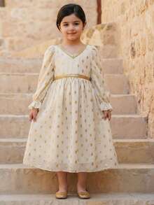 SHEIN Abito arabo con maniche lunghe, paillettes e stampa floreale bianca per ragazza, Jalabiya per ragazza, caftano con stampa floreale minuta, abito da preghiera - Bianco - Visualizzare 6