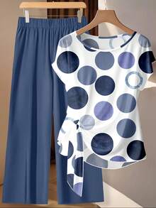 SHEIN Clasi 2pcs/Set Casual Polka Dot Print Tie Front Shirt And Loose Straight Leg Pants, Suitable For Spring/Summer Vacation Spring - Multicolor - View 3