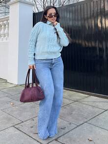 NegzBox Casual Minimalist Solid Color Raglan Sleeve Sweater, Autumn/Winter Knit Pullover Fall Outfit - Dusty Blue - View 4