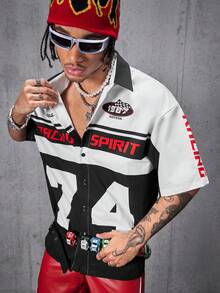 Manfinity RebelGame Men's Racing Digital Printed Loose Knit Short Sleeve Shirt - Black - View 2