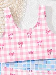 SHEIN Young Girls' Sweet Bow Plaid Pattern Casual Camisole & Briefs Swimwear Set, Suitable For Summer Vacation, Hot Spring, Beach, Beachwear - Multicolor - View 7