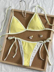 Swim Mod Women's Summer Vacation Beach Contrast Trim Textured Spaghetti Strap Bikini Set - Yellow - View 1