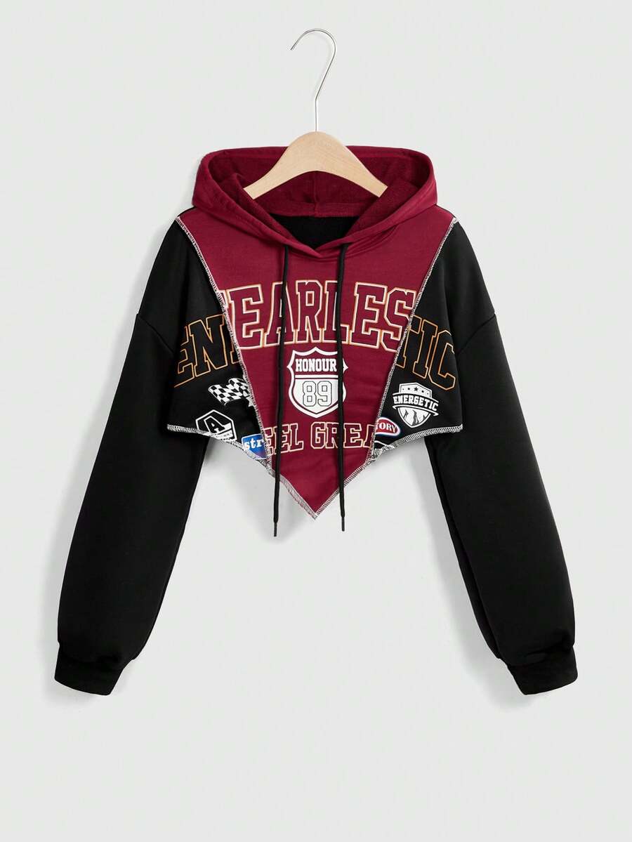 SHEIN EZwear Letter Graphic Asymmetrical Hem Drawstring Hoodie,Long Sleeve Tops In Fall/Winter - Multicolor - View 1