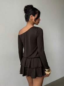 Aloruh Women's Solid Color Asymmetric Shoulder Ruffle Hem Mini Dress, Autumn - Brown - View 2