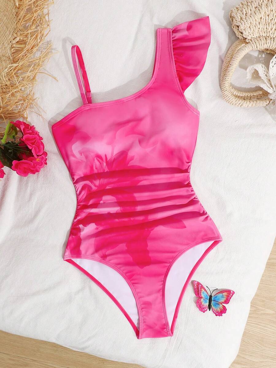 SHEIN Tween Girl Tropical Floral Print Ruffle Hem Asymmetric Dress