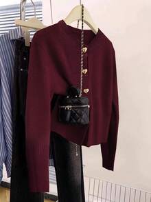 Franclia Autumn/Winter Round Neck Knitted Heart Button Cardigan, Elegant For Everyday Wear