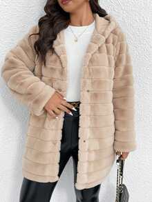 SHEIN Clasi Áo khoác lông giả sang trọng thường ngày cỡ lớn dành cho nữ - Màu Khaki - Xem 4