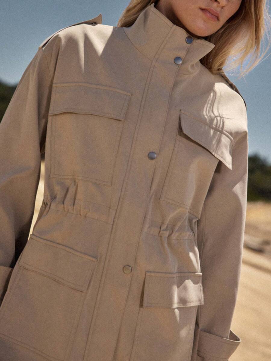 MOTF STUDIO WOMEN'S DRAWSTRING WAIST STAND COLLAR TRENCH COAT