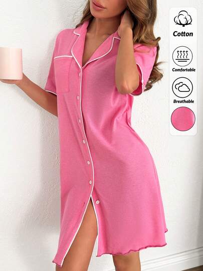 SHEIN Robe feminina de algodão com botões frontais, detalhe em viés contrastante e mangas curtas, ideal para usar em casa e relaxar.