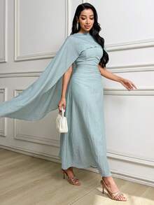 Modelyn New Design Sense Shawl Collar Pleated Waist Elegant Vacation Party Dress ,Summer Dress,Spring Dresses For Women - Baby Blue - View 5