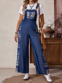 LanaWest 西部风格格子拼接口袋阔腿连体裤，百搭女士背带裤，春夏款 - 藍色 - 查看 6