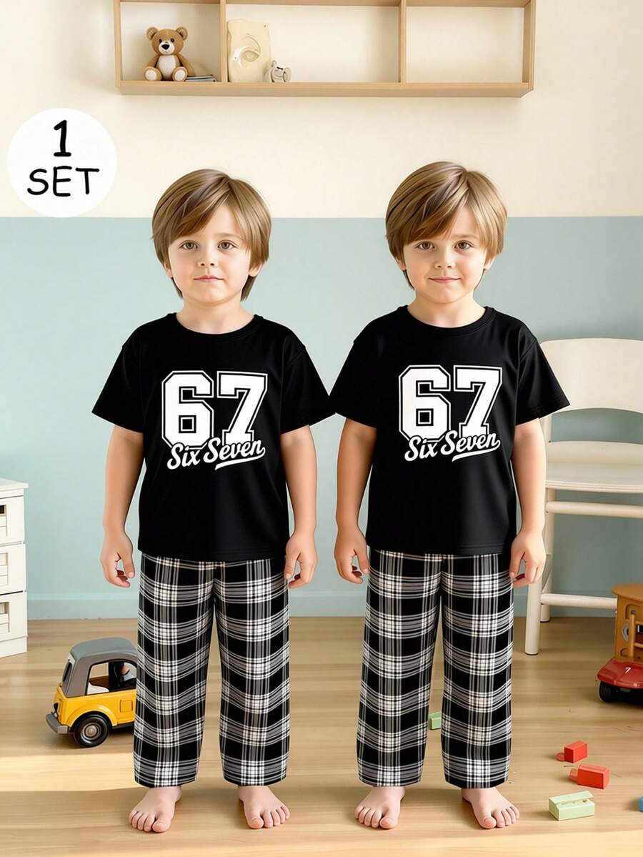 1set Boys' Casual Plaid & Numeric Print Short Sleeve Top And Pants Pajama Set - Black - View 1