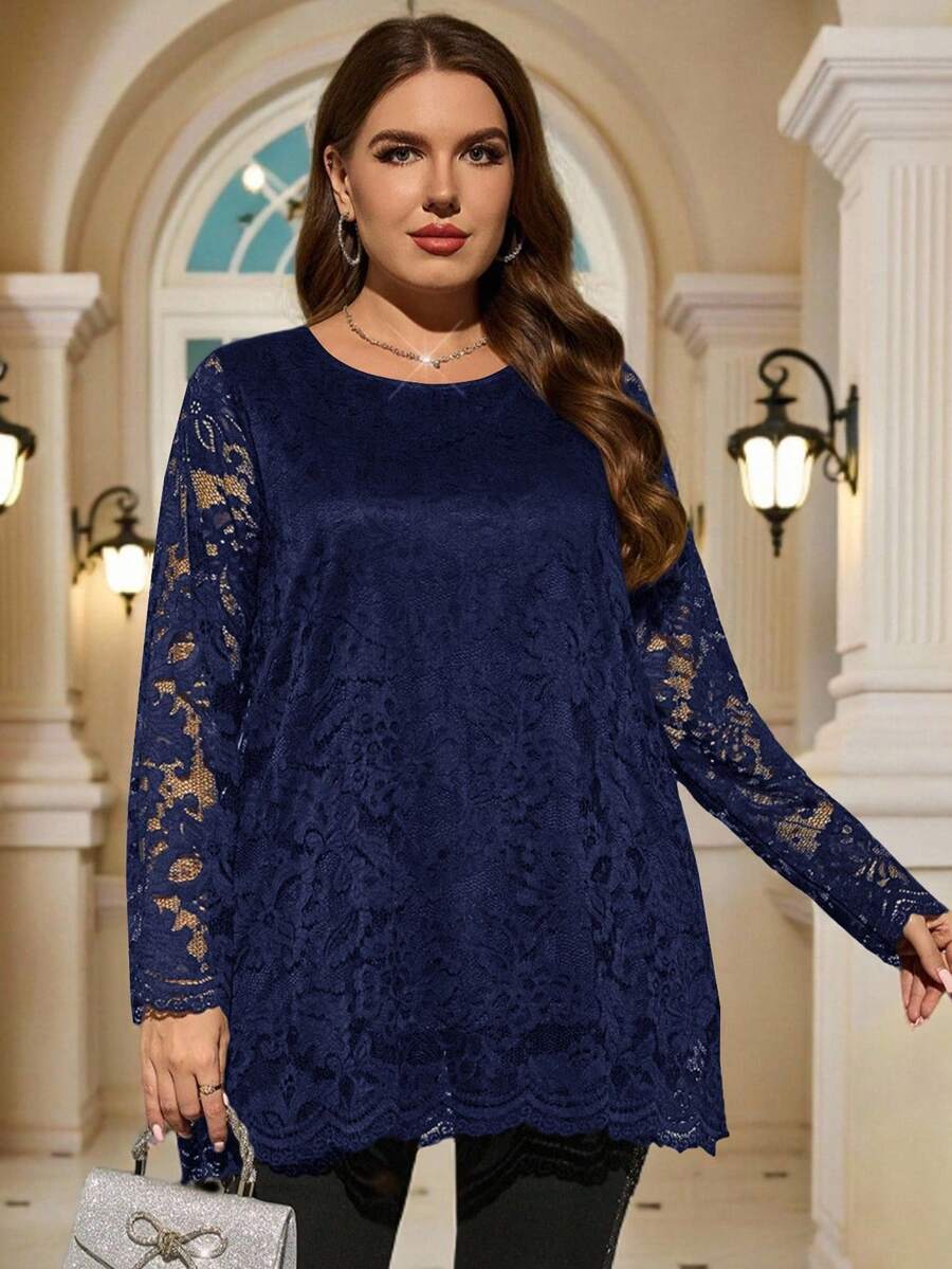 EMERY ROSE 大码女式优雅长袖蕾丝束腰T恤 - 藏蓝色 - 查看 1