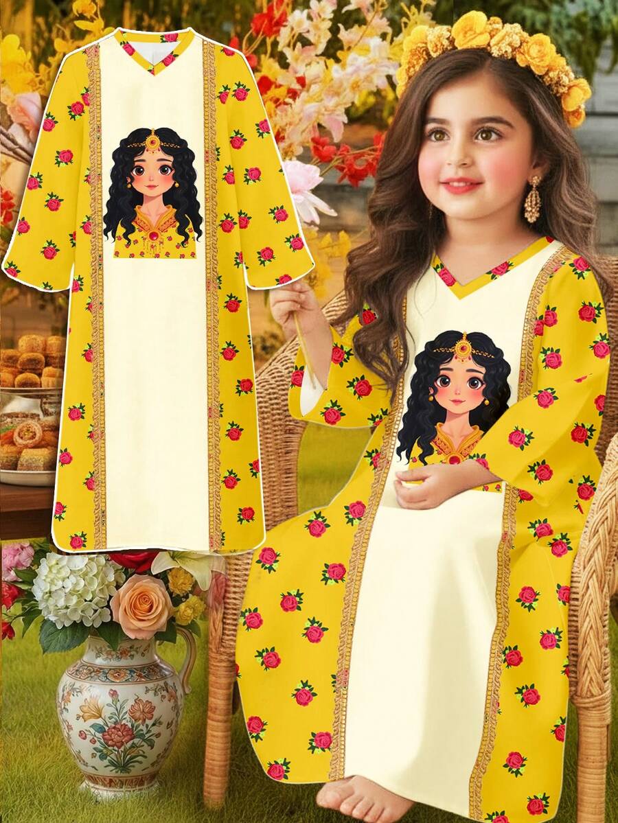 SHEIN Cute Cartoon Girl Red Rose Print Pattern Young Girl Casual Dress, Suitable For Spring And Summer - Multicolor - View 1