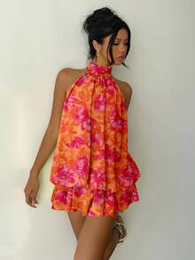 Aloruh Women's Elegant Orange Red Graffiti Floral Print Backless Tie Strap Mini Dress,Summer Boho Vacation Holiday Beachwear Sundress,Night Out Outfit - Multicolor - View 7
