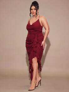 SHEIN BAE 大码女式酒红色长款开衩下摆情人节连衣裙，优雅垂褶领连衣裙 - 咖啡棕 - 查看 7