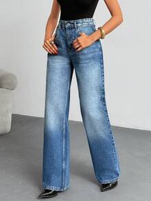 EURMUSE 高腰水洗斜插口袋休闲直筒牛仔裤 - 中等水洗藍 - 查看 7