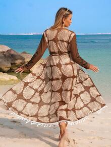 Swim Lushoire Kimono de manga larga con estampado de conchas para mujer, ideal para vacaciones - Marrón - Ver 2