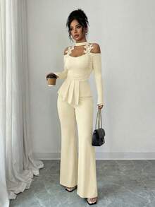 Elenzga Elegant Apricot Women Fall Winter 2-Piece Set,Floral Trim Halter Asymmetric Hem Long Sleeve Top & Flare Pants  Dining Party Banquet Office Date Night - Beige - View 6