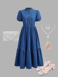 SHEIN Teen Girls Fashion Casual Y2k Vintage Cool Street Comfortable Blue Denim Small Stand-Up Collar Bubble Short-Sleeved Design Denim Dress For Teen Girl Clothes Teen Girls Dailywear And Teen Girl Spring And Summer Rave Outfits Festival And Outfits Streetwear Clothes - Blue - View 3