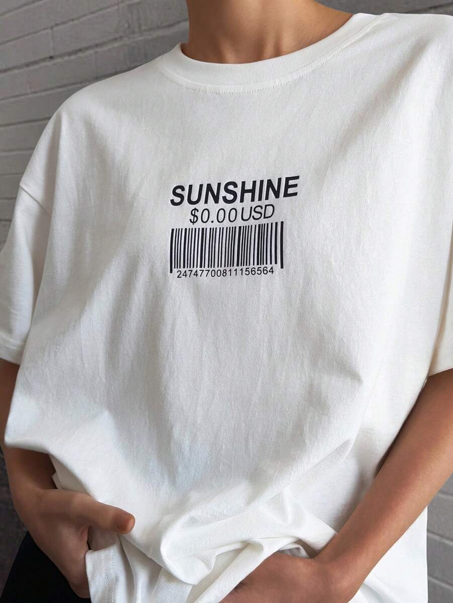 DAZY Camiseta de manga corta de mujer con cuello redondo, estampado de letras y números, de uso casual y versátil para uso diario - Blanco - Ver 1