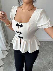 Elenzga Ladies Square Neck Cheongsam Button Short Sleeve Elegant Summer Shirts - Apricot - View 3