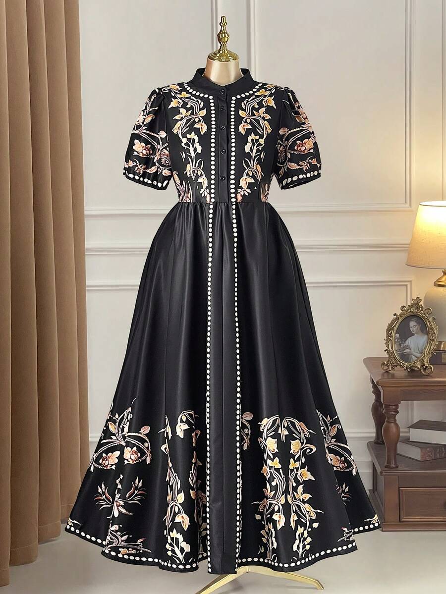 Elenzga Plus Size Women's Spring/Summer Elegant Minimalist Mandarin Collar Puff Sleeve Cinched Waist Half-Placket Long Flared Hem Casual Printed Dress - Black - View 1