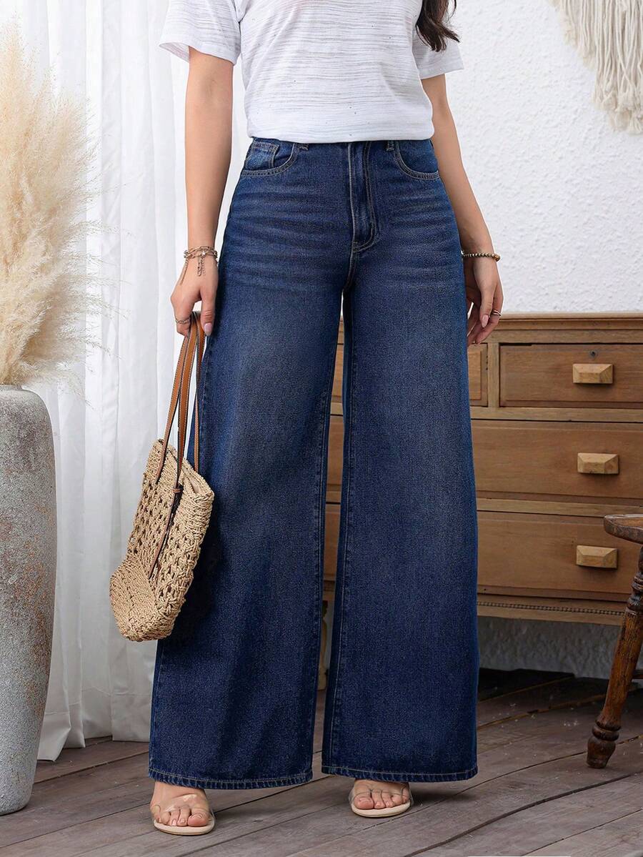 SHEIN CURVE+ Plus Size Cowgirl Outfit Women's Summer Blue Non-Stretch Straight Leg Jeans - Dark Wash - View 1